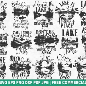 Paquete SVG de lago, archivo SVG de corte para Cricut Silhouette, imágenes PNG imprimibles de vacaciones en cabañas para camisetas, tazas y manualidades.