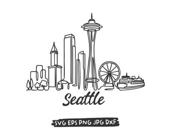 May include: A black and white line drawing of the Seattle skyline, including the Space Needle, a Ferris wheel, and a ferry. The word "Seattle" is written in cursive below the skyline. The image also includes file type icons.