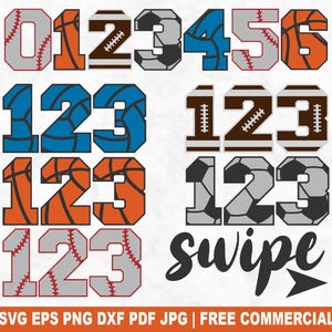 Paquete SVG de números deportivos, archivo de corte SVG de béisbol, baloncesto, voleibol, fútbol americano para Cricut Silhouette, PNG para camisetas, tazas y manualidades.