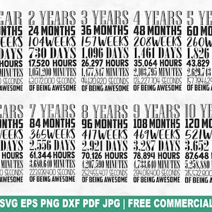 Pacchetto SVG di compleanno per anni, mesi e settimane, file SVG di taglio per Cricut Silhouette, PNG stampabile per feste per magliette, tazze e lavoretti.