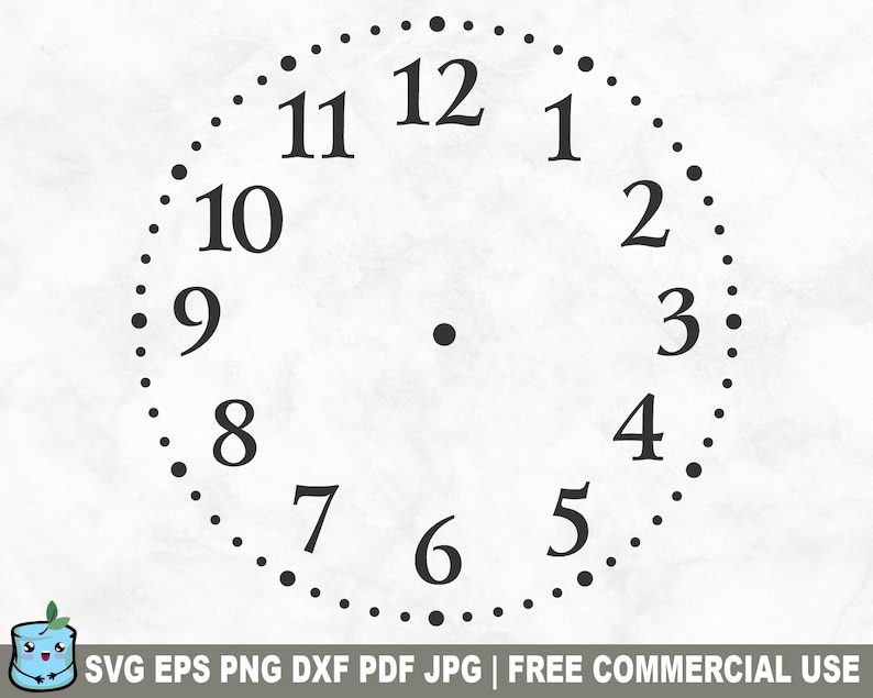 May include: A black and white clock face with Roman numerals and a dot in the centre. The numbers 1 through 12 are displayed around the clock face.