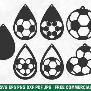 May include: Set of six black and white soccer ball themed earring designs. The designs include a soccer ball, a heart with a soccer ball pattern, and a plain circle.