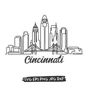 May include: A black and white line drawing of the Cincinnati skyline, featuring iconic buildings and bridges. The city name is written in cursive below the skyline. Includes file type icons: SVG, EPS, PNG, JPG, and DXF.