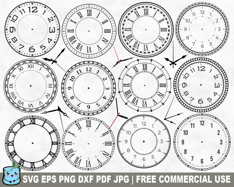 May include: Set of ten black and white clock face SVG cut files. Each clock face features Roman numerals and Arabic numerals around the edge of the circle.