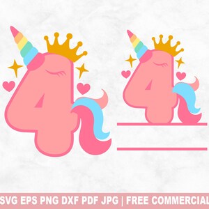 Eenhoorn verjaardag nr. 4 gesneden SVG-bestand, 4 jaar oud feestvarken SVG voor Cricut Silhouette, monogram afdrukbare png voor shirts mokken ambachten
