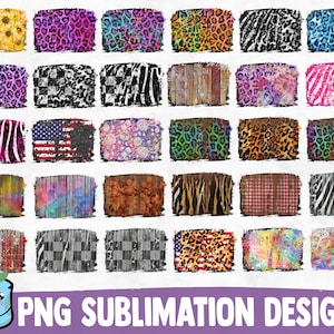 Op de afbeelding: Een set van 30 digitale sublimatieontwerpen met verschillende patronen, waaronder dierenprints, houtnerf, geruit en tie-dye. De ontwerpen zijn in een distressed, grunge-stijl met een witte achtergrond.