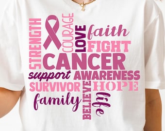 Cancer Word Art PNG SVG Cut File, Breast Cancer Awareness Svg for Cricut Silhouette, Pink Ribbon Printable Png for Shirts Mugs Crafts