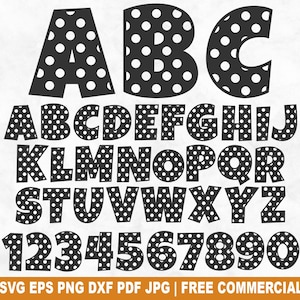 Polka Dot Alphabet und Zahlen SVG Schnittdatei, gepunktete Buchstaben für Cricut Silhouette, Retro Dots Muster druckbare PNG für Shirts Tassen Kunsthandwerk