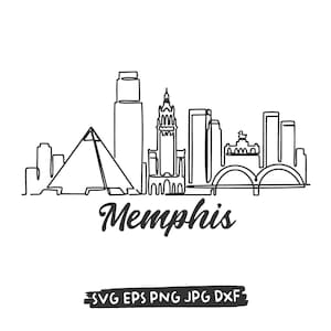 May include: A black and white line drawing of the Memphis skyline, including the pyramid and other buildings. The word "Memphis" is written in cursive below the skyline. The image also includes file type icons: SVG EPS PNG JPG DXF.