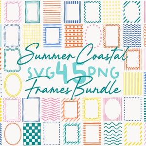 May include: A digital collection of forty-five rectangular and oval frames featuring various patterns including stripes, dots, waves, and checks in yellow, pink, blue, orange, and teal. The text Summer Coastal SVG 45 PNG Frames Bundle is centered.