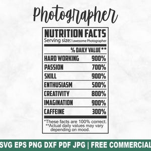 Fichier de coupe SVG valeur nutritive du photographe, étiquette de profession drôle SVG pour Silhouette Cricut, portion PNG pour créations de chemises, tasses