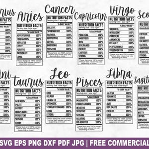 Paquete SVG con información nutricional del zodíaco, etiqueta divertida del zodíaco, archivo SVG para cortar para Cricut Silhouette, tamaño de porción imprimible PNG para camisetas, tazas y manualidades.