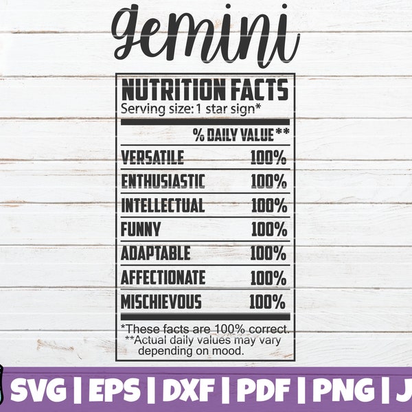 Gemini Nutrition Facts SVG Cut File | commercial use | printable vector clip art | Zodiac Funny Facts | Zodiac Nutrition Facts