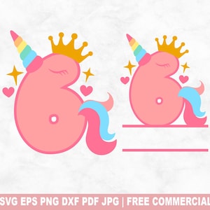 Eenhoorn verjaardag nr. 6 gesneden SVG-bestand, 6 jaar oud feestvarken SVG voor Cricut Silhouette, monogram afdrukbare png voor shirts mokken ambachten
