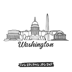 May include: A black and white line drawing of the Washington D.C. skyline, including the Capitol Building, Washington Monument, and other structures. The word "Washington" is written in a cursive font below the skyline. The image also includes file type abbreviations.