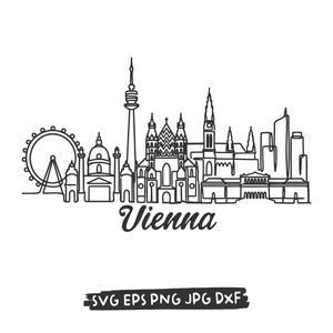 May include: A black and white line drawing of the Vienna skyline, featuring iconic landmarks such as the Ferris wheel, St. Stephen's Cathedral, and the Donauturm. The word "Vienna" is written in cursive below the skyline. The image includes file type icons.