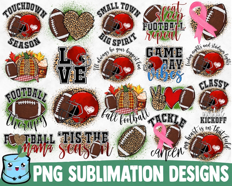 May include: A set of 15 digital sublimation designs featuring football-themed graphics. The designs include various football-related phrases, such as "Touchdown Season", "Game Day Vibes", and "Football Mama". The designs are perfect for creating custom apparel, home decor, and other crafts.