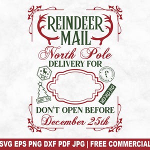 Renne courrier Pôle Nord SVG coupe fichier, père Noël sac SVG pour Silhouette Cricut, pôle Nord courrier cadeau PNG imprimable pour chemises tasses artisanat