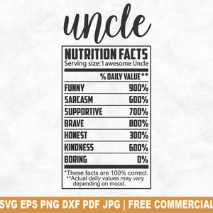 Oncle valeur nutritive SVG coupe, étiquette famille drôle SVG pour Silhouette Cricut, portion PNG imprimable pour chemises tasses artisanat