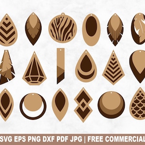 Könnte beinhalten: Set mit 16 digitalen Ohrring-Designs in verschiedenen Formen und Mustern, darunter geometrische, Tiermuster und Federdesigns. Die Designs sind in Braun- und Schwarztönen gehalten.
