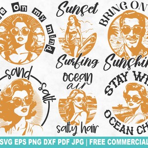 Bundle SVG plage vie rétro, Old School vintage Beach Girl SVG coupe fichier pour Silhouette Cricut, été PNG imprimable pour chemises tasses artisanat