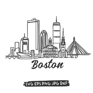 May include: Black and white line drawing of the Boston skyline, featuring iconic buildings, a bridge, and the word "Boston" in script. Includes file type icons: SVG, EPS, PNG, JPG, and DXF.