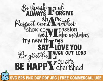 Puede incluir: Diseño de tipografía en blanco y negro con el texto "Be thankful, always forgive, respect one another, show compassion, we make mistakes, try new things, say I love you, be grateful, laugh out loud, you are cherished, be happy".