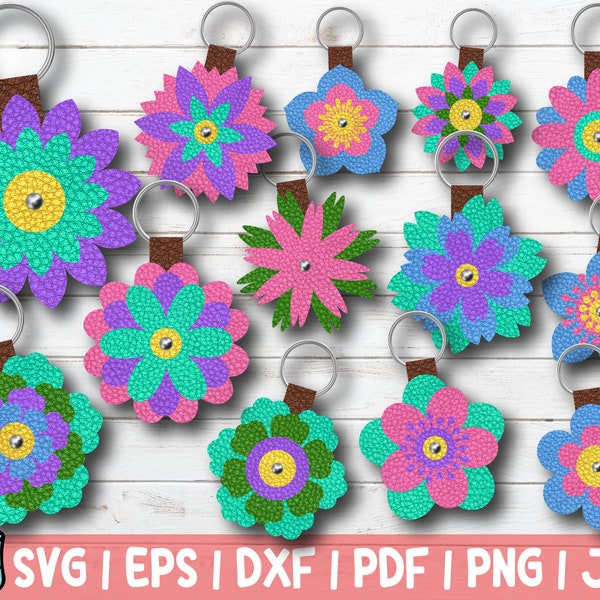 Flowers Keychains SVG Bundle | Purse Fob Cut Files | commercial use | instant download | Key Fob Templates Vectors | Leather Keychain SVG