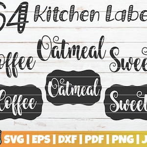 May include: A set of 64 black and white kitchen labels with the words "Coffee", "Oatmeal", and "Sweets" in a decorative script font. The labels are designed for use with a Cricut cutting machine.