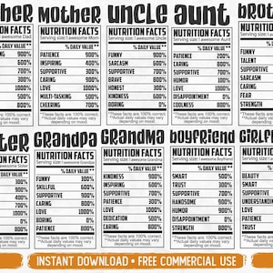 Family Nutrition Facts SVG Bundle, Funny Family Gift SVG for Cricut Silhouette, Nutrition Label Printable PNG for Shirts Mugs Crafts