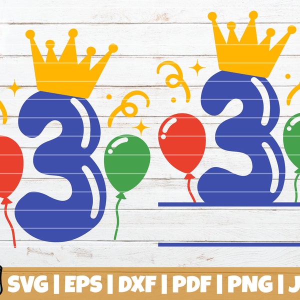Balloons Birthday Number Three SVG Cut File | Split Monogram SVG | commercial use | instant download | printable vector | Happy Birthday SVG