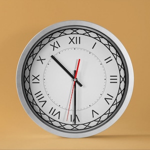 May include: A silver round clock with black Roman numeral markings and black hands. The clock face is white with a red second hand.