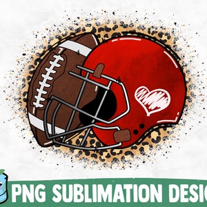 May include: A red football helmet with a white heart on the side, and a brown football with white laces, both on a leopard print background with a splatter effect.