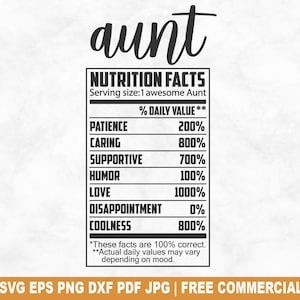 Tante valeur nutritive SVG coupe, étiquette famille drôle SVG pour Silhouette Cricut, portion PNG imprimable pour chemises tasses artisanat