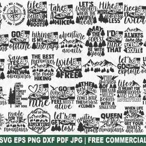 Hiking SVG Bundle, Hiking Nature Mountains Adventure SVG Cut File for Cricut Silhouette, Camping Printable PNG for Shirts Mugs Crafts