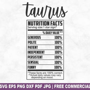Fichier coupé valeur nutritive Taureau, étiquette du zodiaque drôle SVG pour Silhouette Cricut, portion PNG imprimable pour chemises, tasses, travaux manuels