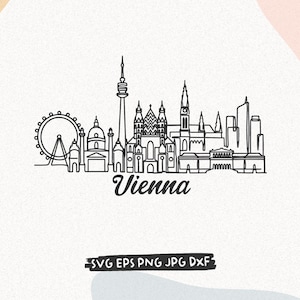 Könnte beinhalten: Eine schwarze Strichzeichnung der Wiener Skyline mit dem Riesenrad, dem Stephansdom und dem Donauturm. Das Wort Vienna ist in Schreibschrift unter der Skyline geschrieben, gefolgt von den aufgeführten Dateiformaten für den Download.