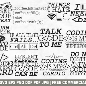 Paquete SVG de codificación, archivo SVG de programador informático para Cricut Silhouette, PNG imprimible de nerd, geek y hacker para camisetas, tazas y manualidades.