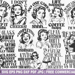 Retro Housewife SVG Bundle, Retro Housewife Vintage Woman SVG Cut File for Cricut Silhouette, Sassy Printable PNG for Shirts Mugs Crafts