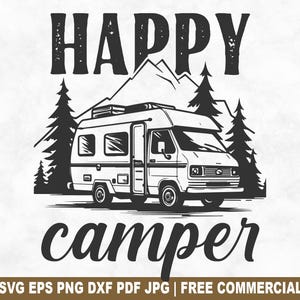 Archivo SVG de corte de campista feliz, SVG de aventura en furgoneta de camping para Cricut Silhouette, PNG imprimible de naturaleza de verano para camisetas, tazas y manualidades