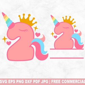 Einhorn Geburtstag Nr. 2 SVG Schnittdatei, 2 Jahre altes Geburtstagskind SVG für Cricut Silhouette, Monogramm druckbare PNG für Shirts Tassen Kunsthandwerk