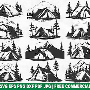Paquete SVG de tiendas de campaña, archivo SVG de corte de aventura de camping para Cricut Silhouette, PNG imprimible de naturaleza de verano para camisetas, tazas y manualidades.