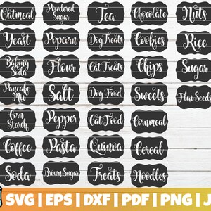 May include: A set of 24 black and white printable labels with a decorative border. The labels feature a variety of food and pantry items, including oatmeal, sugar, tea, chocolate, nuts, yeast, popcorn, dog treats, cookies, rice, baking soda, flour, cat treats, chips, sugar, pancake mix, salt, dog food, sweets, flax seeds, corn starch, pepper, cat food, cornmeal, coffee, pasta, quinoa, cereal, soda, brown sugar, treats, and noodles.