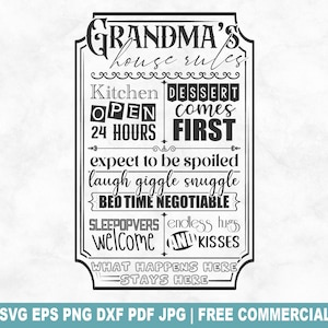 Arquivo de corte SVG das regras da casa da vovó, placa SVG de regras da casa para Cricut Silhouette, regras da casa para impressão em PNG para camisetas, canecas e artesanato
