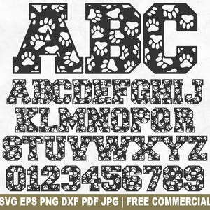 Alphabet et chiffres pattes SVG, chiot lettres pour Silhouette Cricut, chien chat patte motif police PNG imprimable pour chemises, tasses, créations manuelles