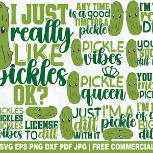 Paquete SVG de pepinillos, divertidos archivos SVG de corte con humor de pepinillos kawaii para Cricut Silhouette, PNG imprimible para amantes de la comida de la cocina para camisetas, tazas y manualidades.
