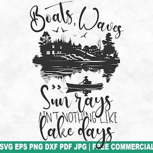 Archivo SVG de corte con olas y rayos de sol, pesca en el lago, camping, SVG para Cricut, silueta, vacaciones en cabaña, PNG imprimible para camisetas, tazas y manualidades.