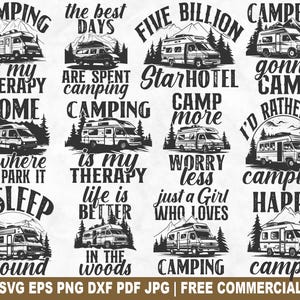 Paquete SVG de furgoneta de camping, archivo SVG de corte de aventura vacacional para Cricut Silhouette, PNG imprimible de viaje de verano en la naturaleza para camisetas, tazas y manualidades.