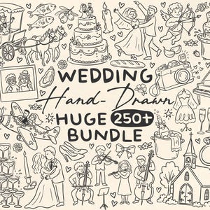 May include: A hand-drawn black and white illustration with wedding-themed elements. The image includes a wedding cake, a couple dancing, a church, a ring, and the text "WEDDING Hand-Drawn HUGE 250+ BUNDLE."