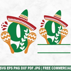 Fiesta Birthday No 9 SVG coupe fichier, 9 ans SVG pour Cricut Silhouette, sombrero Split monogramme PNG imprimable pour chemises tasses artisanat